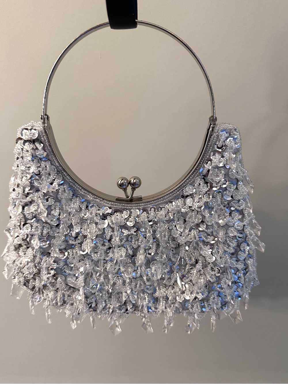 Silver Beaded Sequin Evening Bag Crystal Kiss Lock Clutch Purse